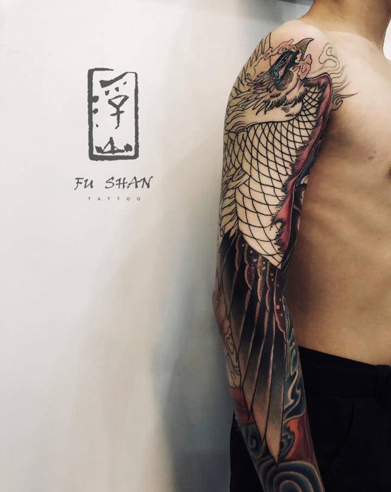 凤凰花臂纹身图片_手臂新传统凤凰纹身图案