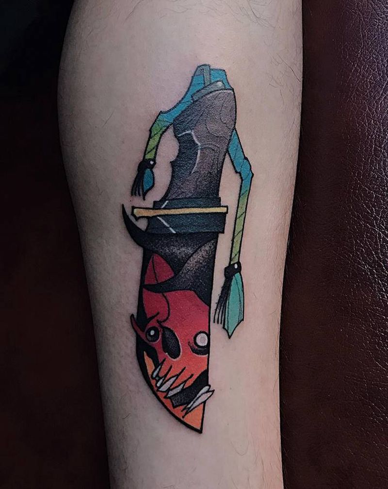 new  school纹身图片_腿部脚部New School匕首骷髅纹身图案