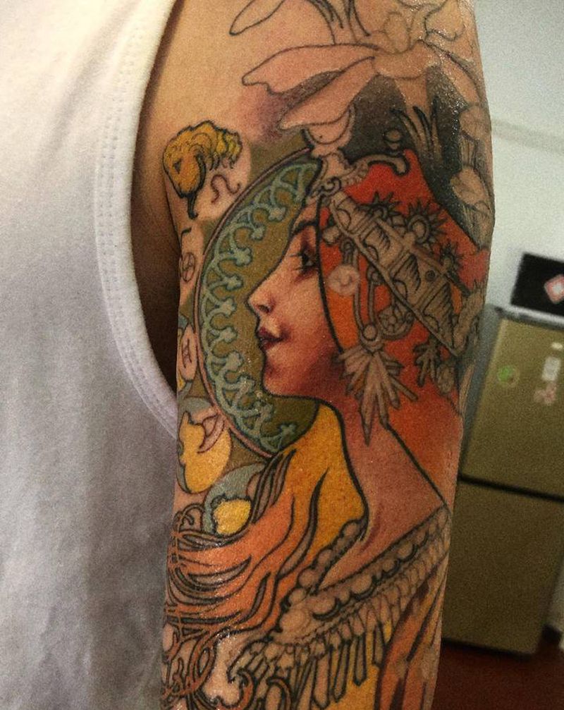 穆夏的十二星座未完成纹身图片_手臂肩部New School欧美写实纹身图案