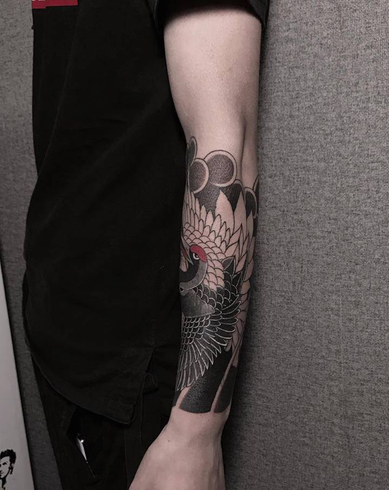 日式纹身花臂纹身图片_手臂老传统日式鹤纹身图案