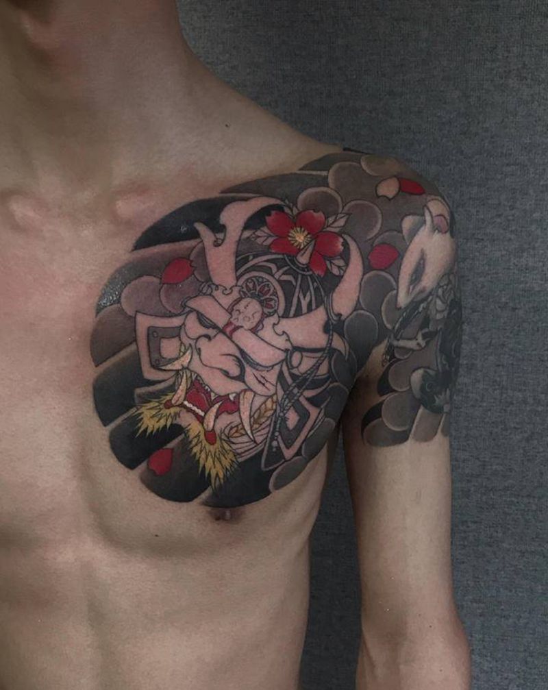 半胛纹身图片_胸部手臂老传统鬼武士日式纹身图案