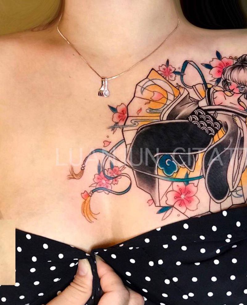 艺伎，遮盖老纹身纹身图片_胸部New School纹身图案