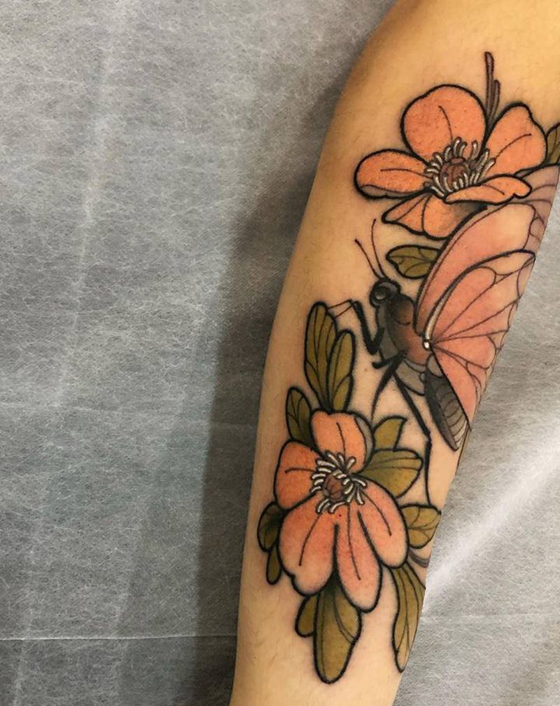 植物与昆虫纹身图片_手臂New School纹身图案