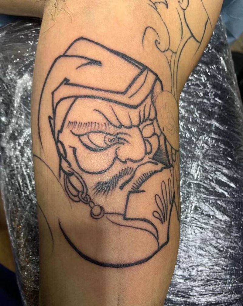 达磨蛋线条纹身图片_腿部老传统新传统纹身图案