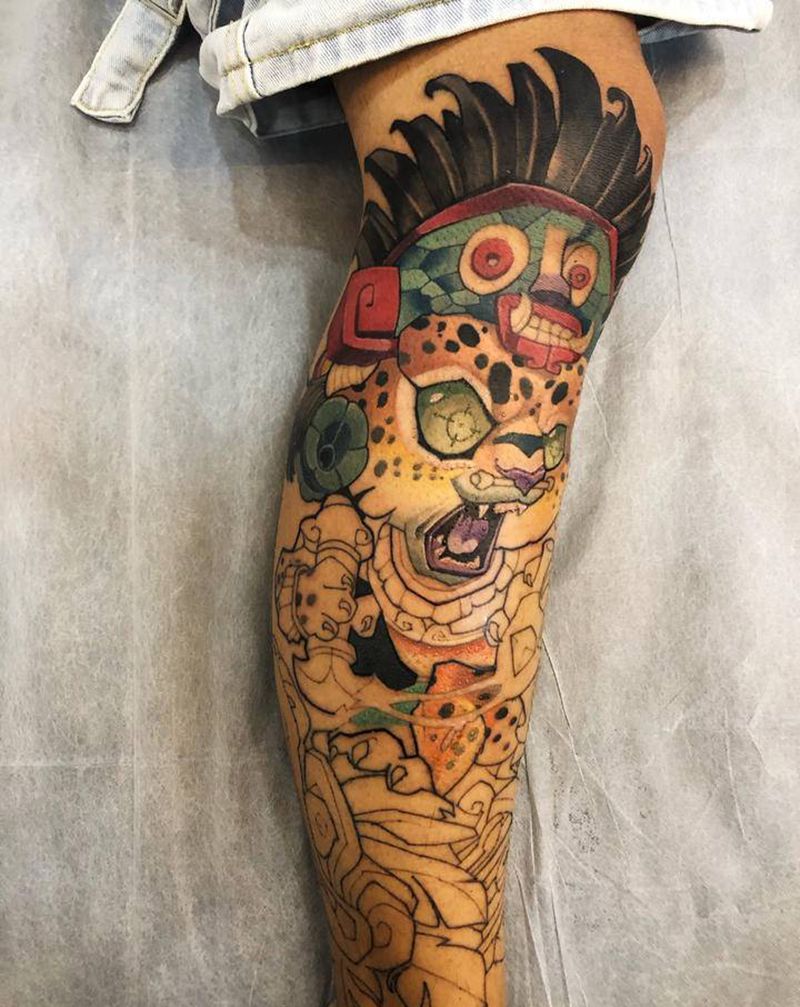 豹猫纹身图片_腿部New School纹身图案