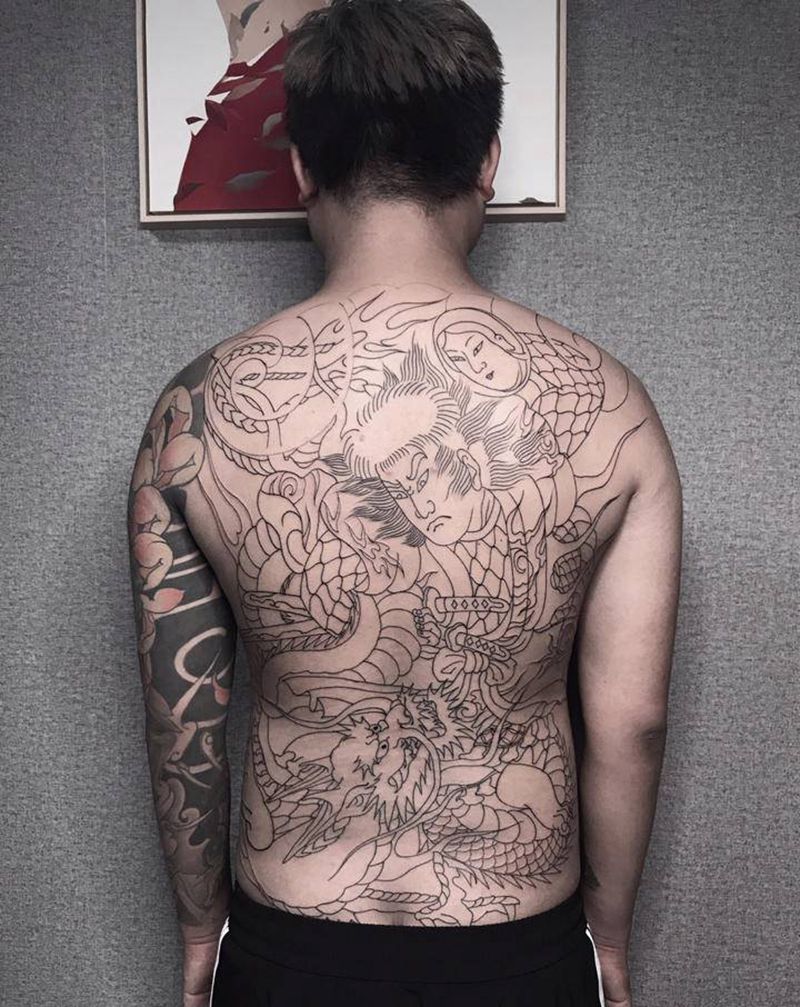 日式满背龙王太郎纹身图片_背部老传统日式日式满背纹身图案