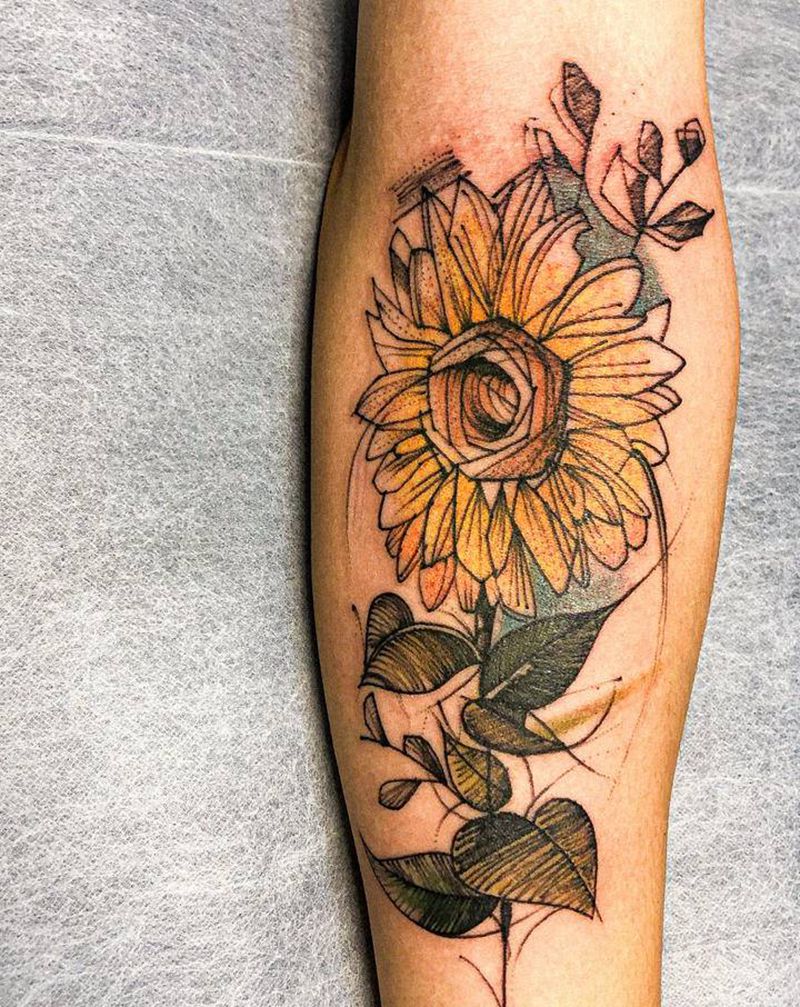 太阳花纹身图片_手臂水墨水彩纹身图案