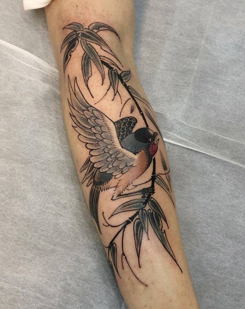 燕雀纹身图片_手臂水墨纹身图案