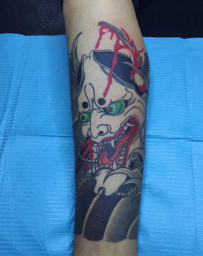 般若纹身图片_腿部脚部老传统日式日式老传统菊花纹身图案