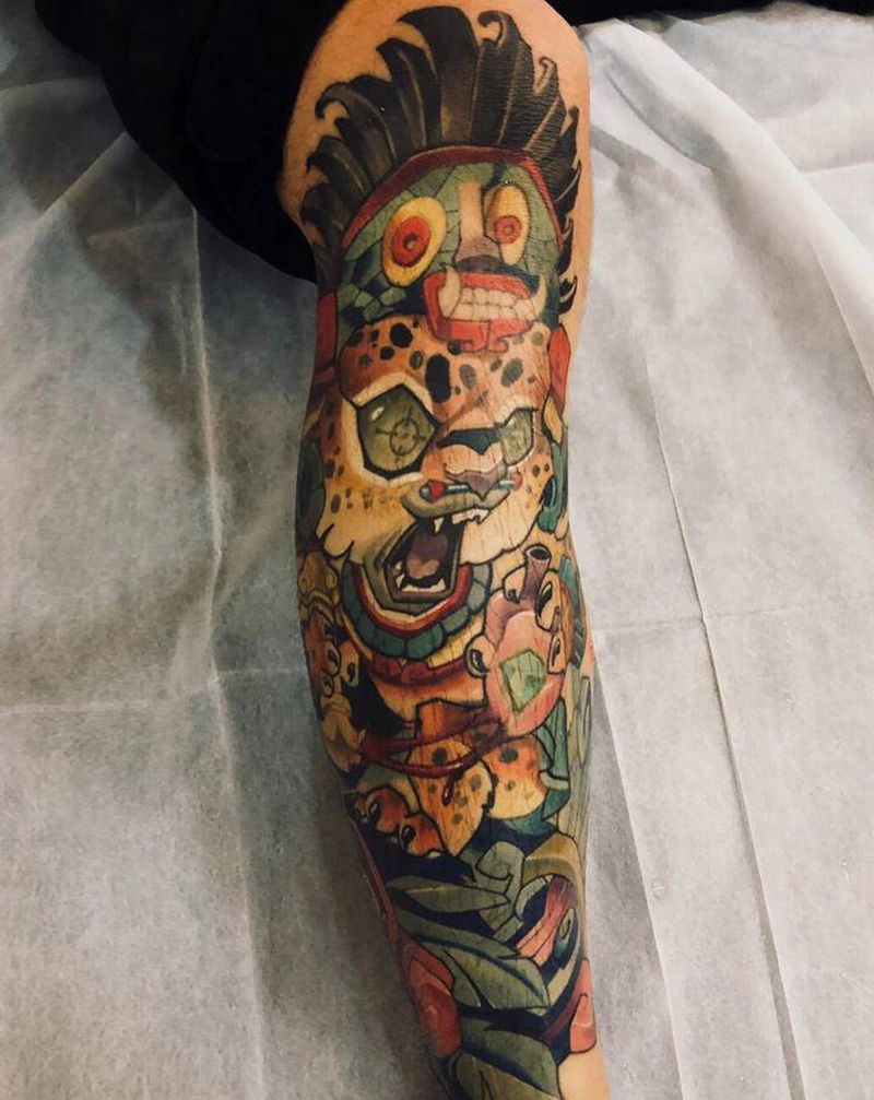 印第安豹猫纹身图片_腿部New School纹身图案