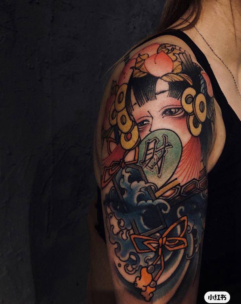 财纹身图片_肩部New School纹身图案