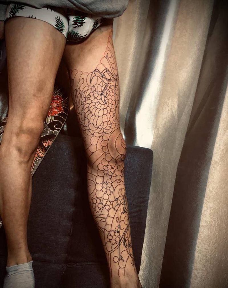 花腿龙 初步线纹身图片_腿部老传统纹身图案