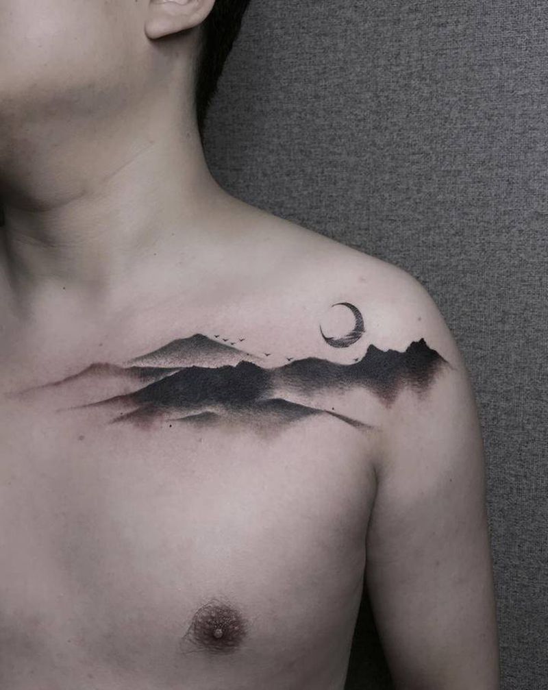 水墨纹身纹身图片_胸部水墨纹身图案