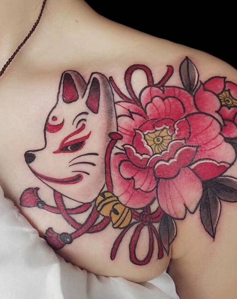 稻荷神牡丹花纹身纹身图片_胸部背部新传统老传统纹身图案