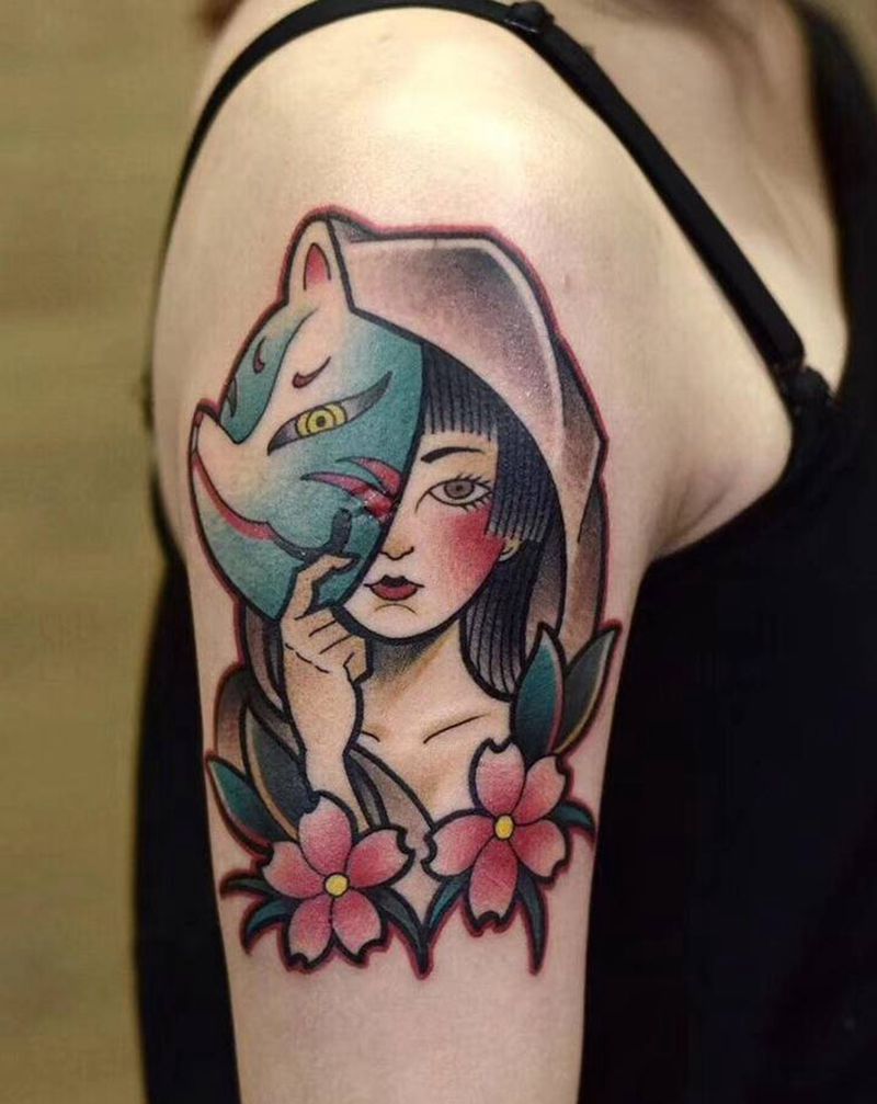 欧美拼接花臂 狐面 小女孩纹身图片_手臂腿部Old SchoolNew School纹身图案