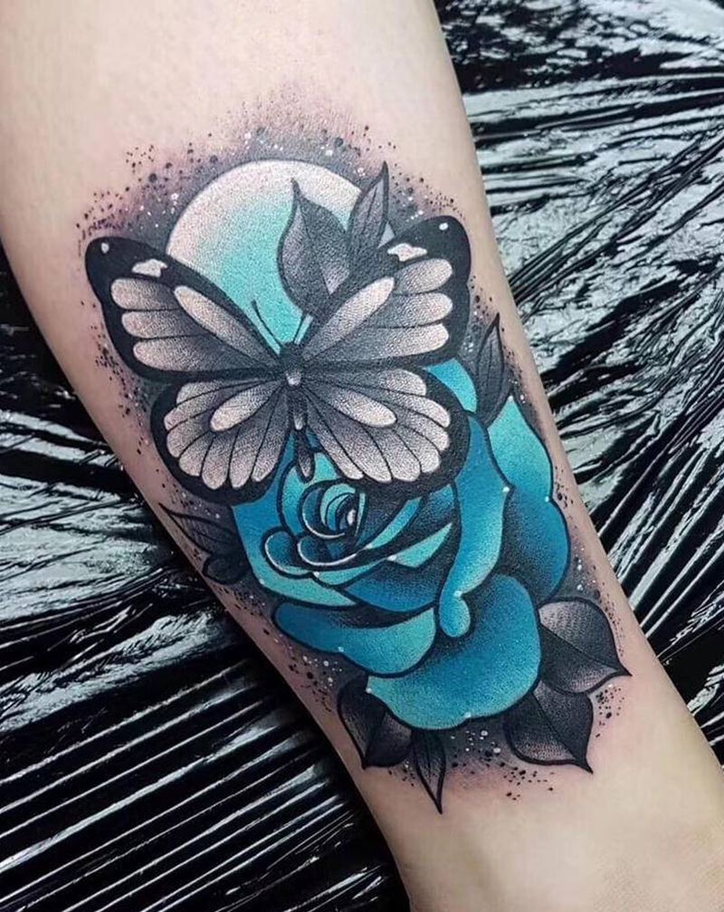 玫瑰花蝴蝶纹身纹身图片_腿部手臂Old SchoolNew School纹身图案