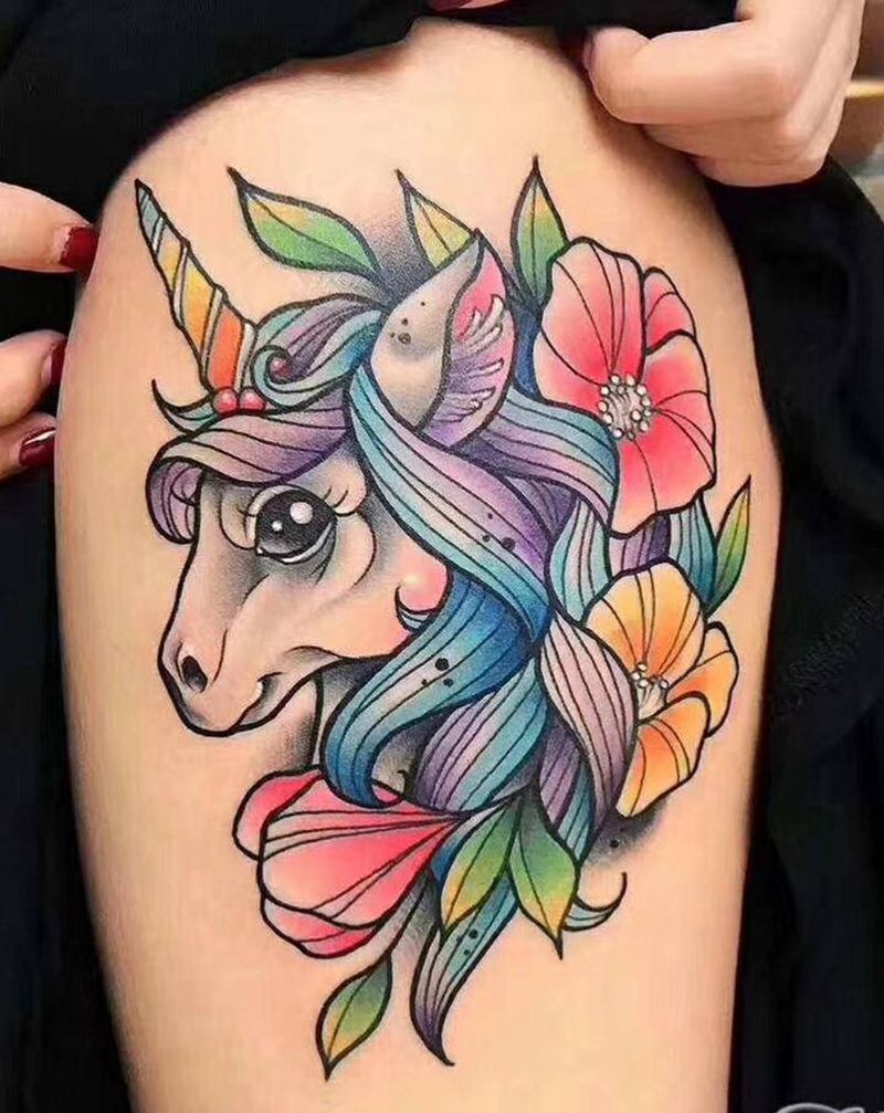 彩色独角兽纹身纹身图片_手臂腿部Old SchoolNew School纹身图案
