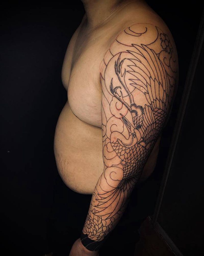 仙鹤花臂 未完纹身图片_手臂老传统纹身图案