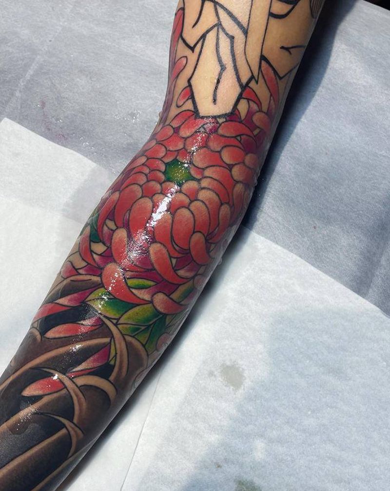 日式菊花纹身图片_手臂老传统纹身图案