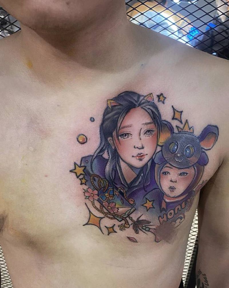 卡通肖像纹身纹身图片_胸部New School纹身图案