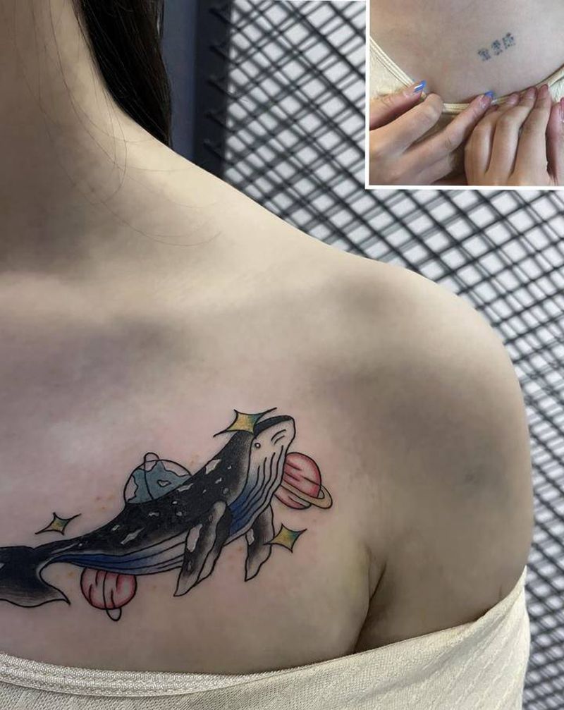 星球  鲸鱼锁骨纹身纹身图片_胸部Old School纹身图案