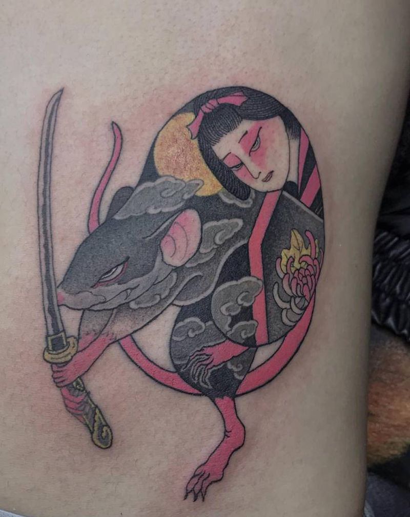 鼠纹身图片_腹部老传统日式纹身图案