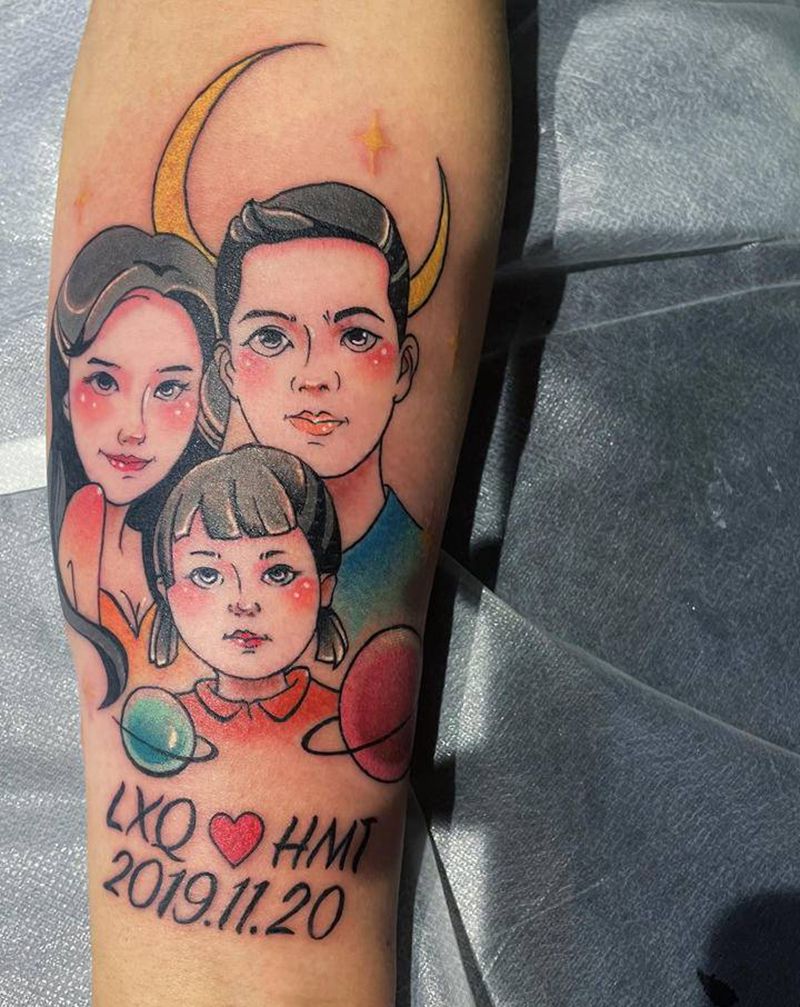 一家三口卡通肖像纹身图片_手臂New School纹身图案
