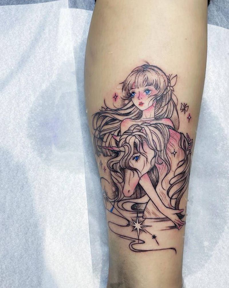 独角兽小仙女脚踝纹身纹身图片_腿部点刺纹身图案