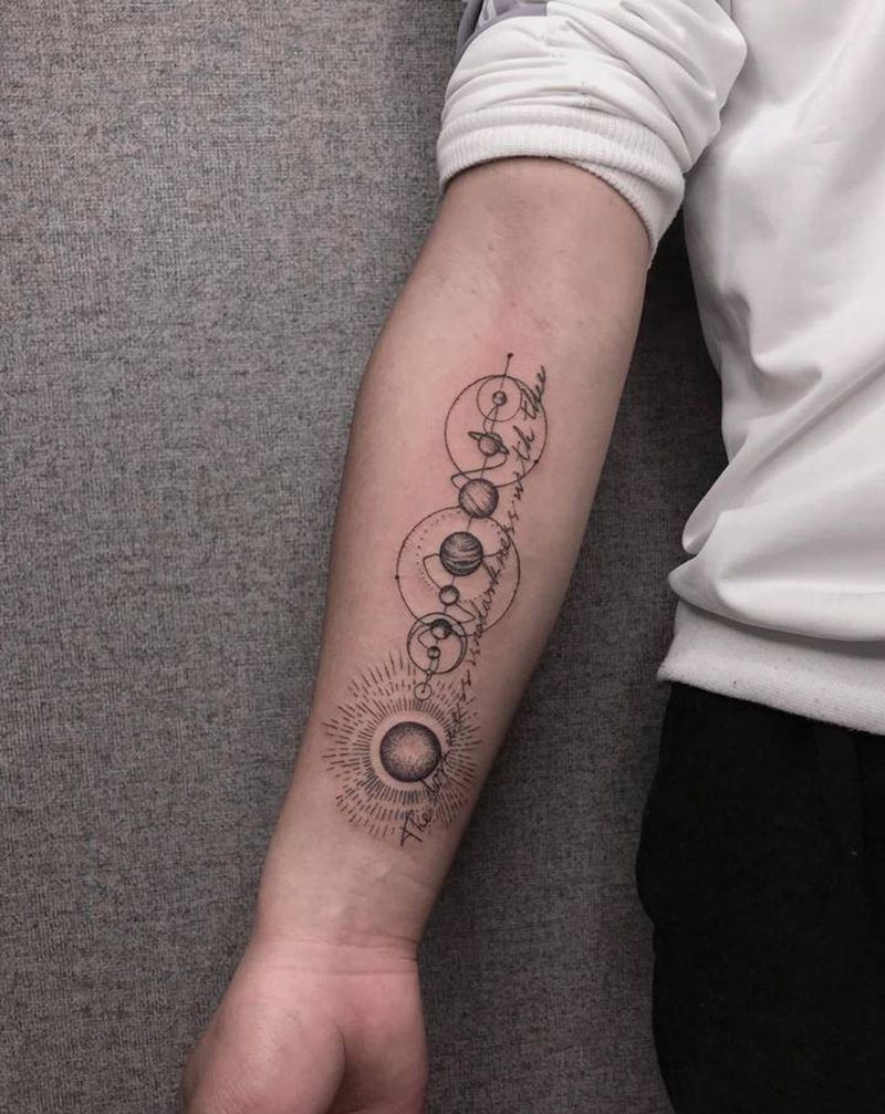 星球纹身图片_手臂几何点刺英文几何星球纹身图案