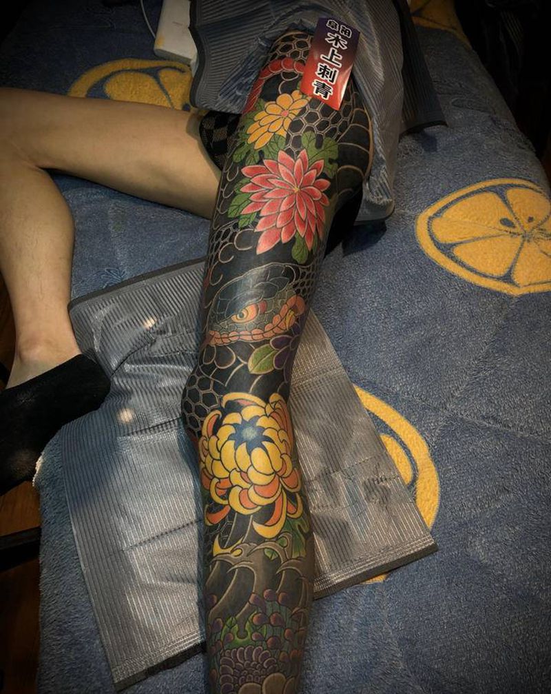 木上刺青作品纹身图片_腿部老传统纹身图案