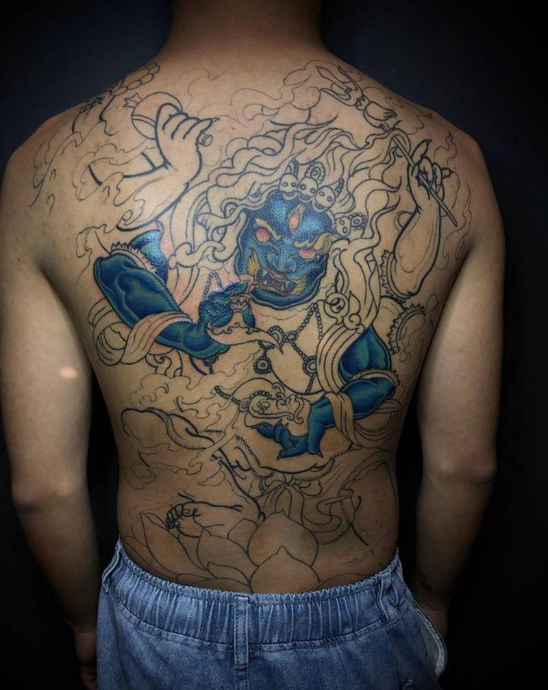 大黑天神未完纹身图片_背部新传统纹身图案