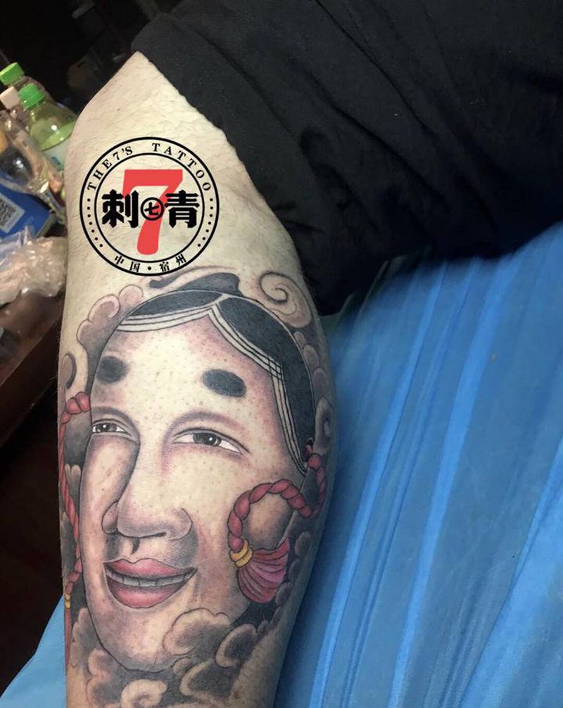 日式能面纹身图片_腿部脚部新传统老传统纹身图案