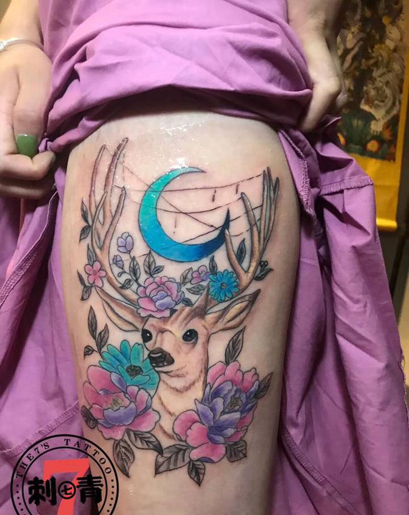 麋鹿纹身图片_腿部手臂New School水彩纹身图案