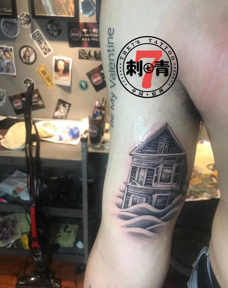 房子纹身图片_手臂腿部新传统点刺纹身图案