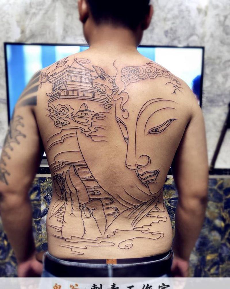 满背线条纹身图片_老传统纹身图案