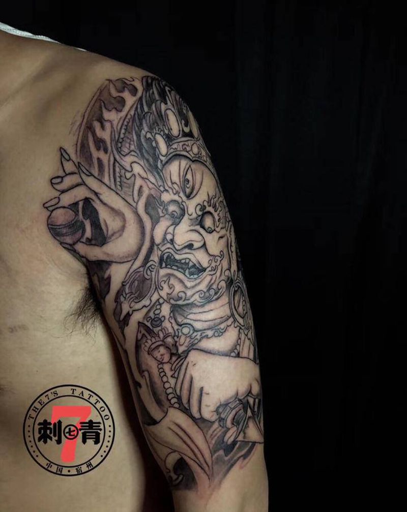 黑天护法 未完成纹身图片_手臂手部老传统新传统纹身图案