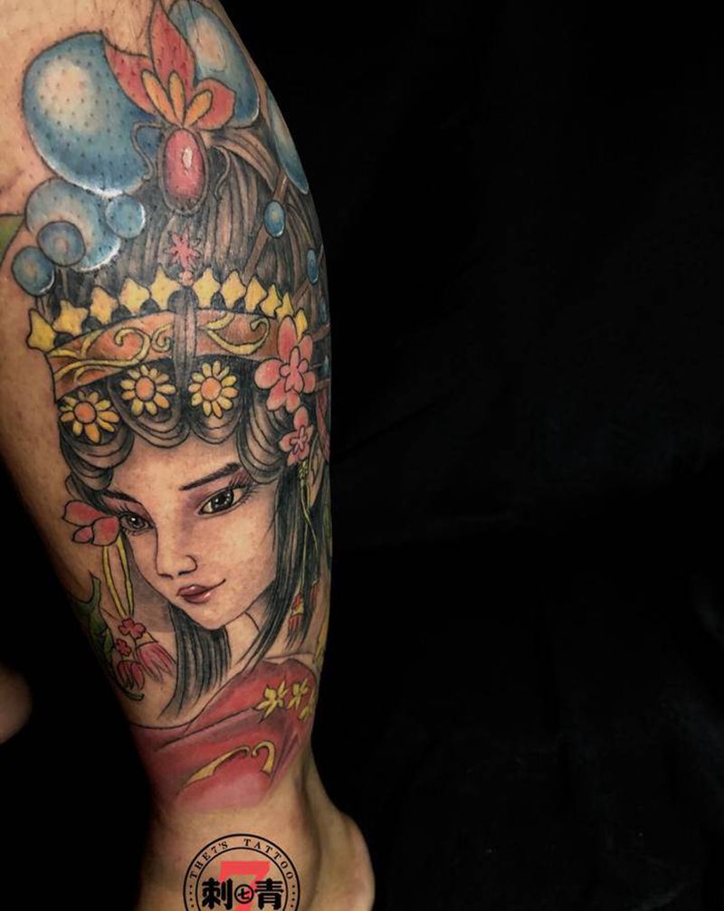 戏子 花旦 艺伎纹身图片_腿部手臂新传统纹身图案