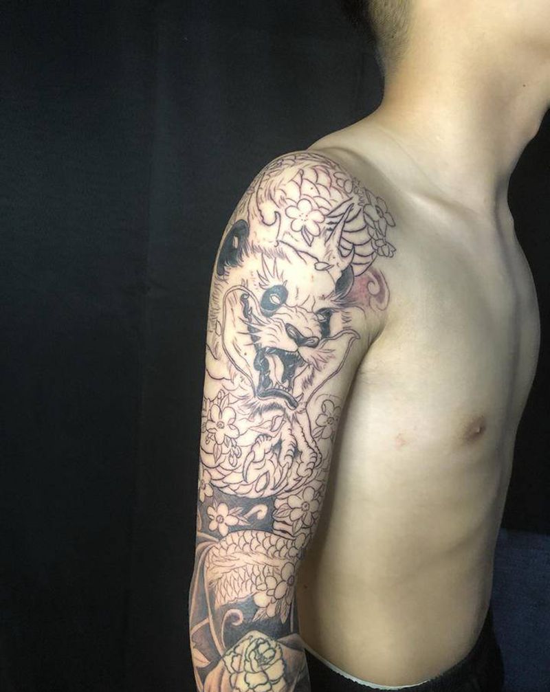 熊猫花臂 未完。纹身图片_手部手臂老传统新传统纹身图案