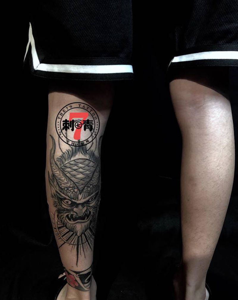 小腿拼接纹身图片_腿部Old School几何纹身图案