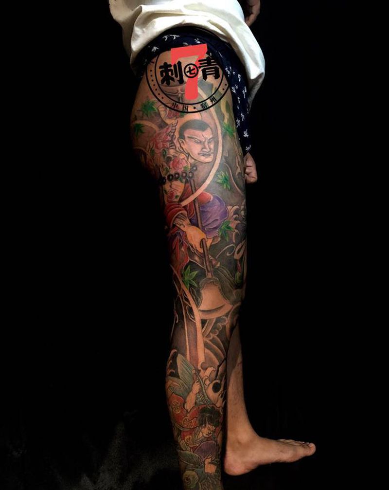 花腿 花和尚鲁智深纹身图片_腿部脚部老传统新传统纹身图案