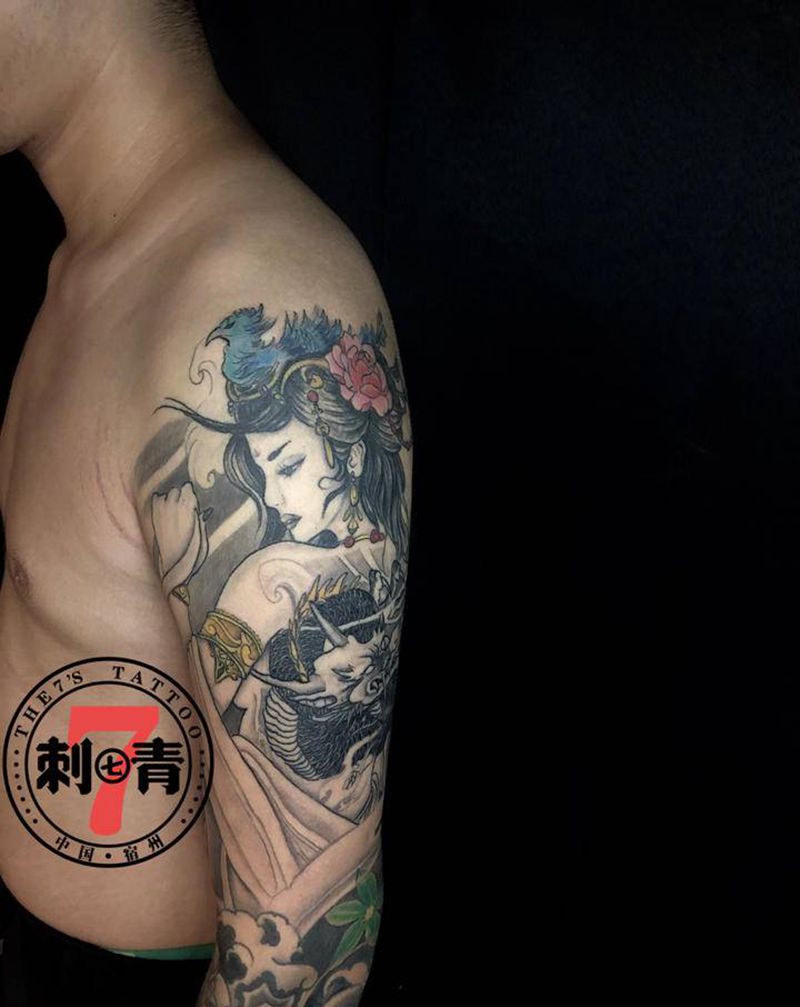 接花臂 艺妓纹身图片_手臂老传统新传统纹身图案