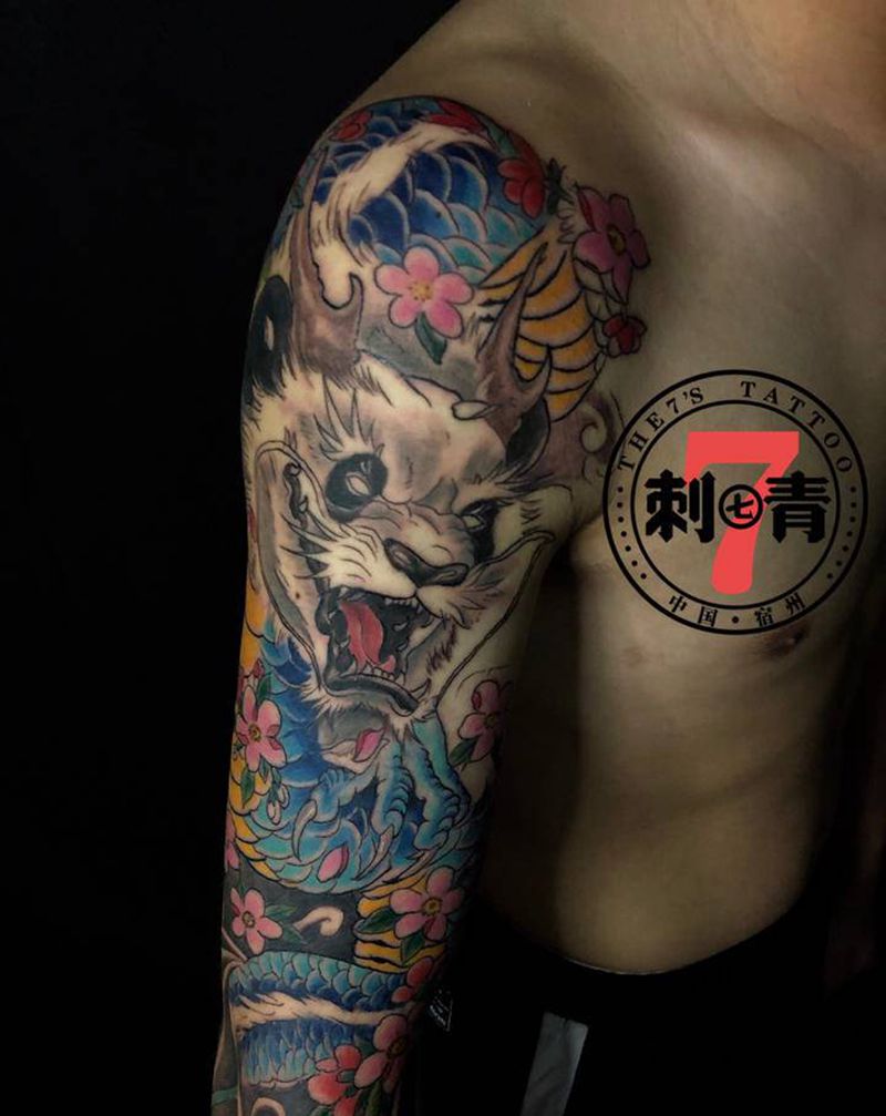 花臂 熊猫 艺妓纹身图片_手臂手部新传统老传统纹身图案