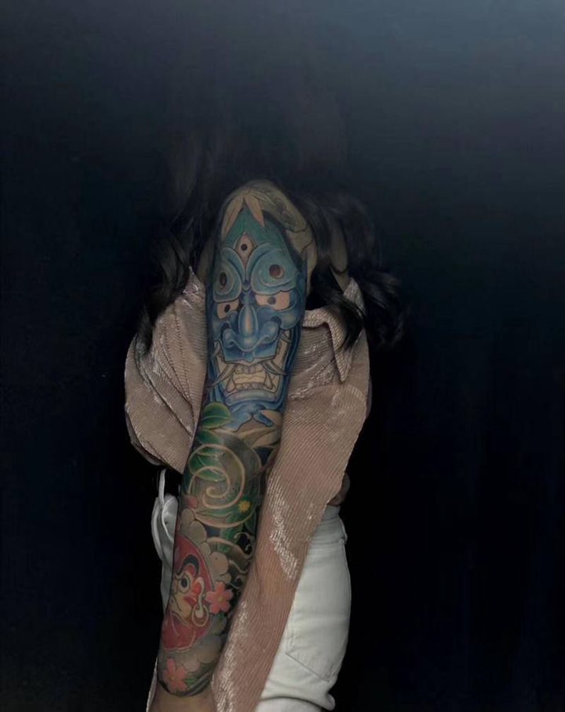 花臂未完成。纹身图片_手臂脚部老传统新传统般若达摩鹤纹身图案