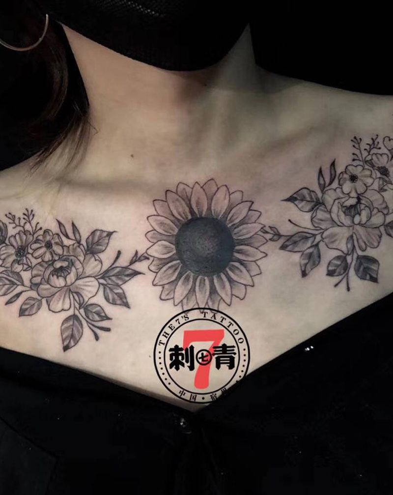 遮盖作品纹身图片_腹部胸部点刺New School向日葵素花纹身图案