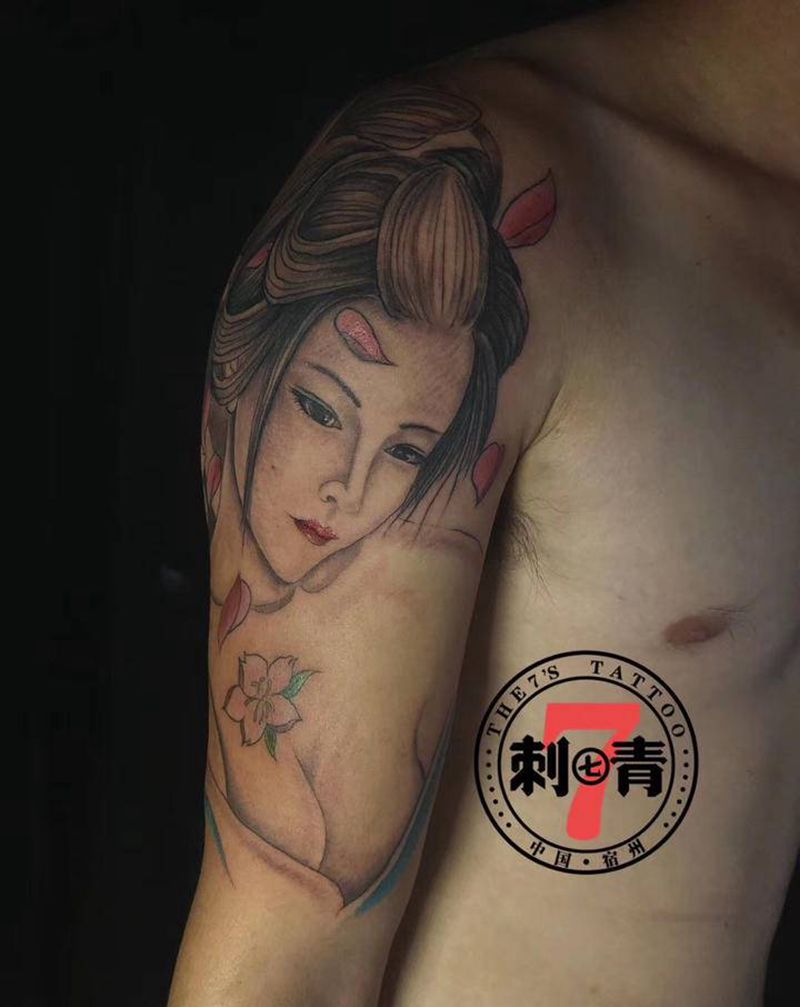 艺伎纹身图片_手臂腿部新传统欧美写实艺妓艺伎纹身图案