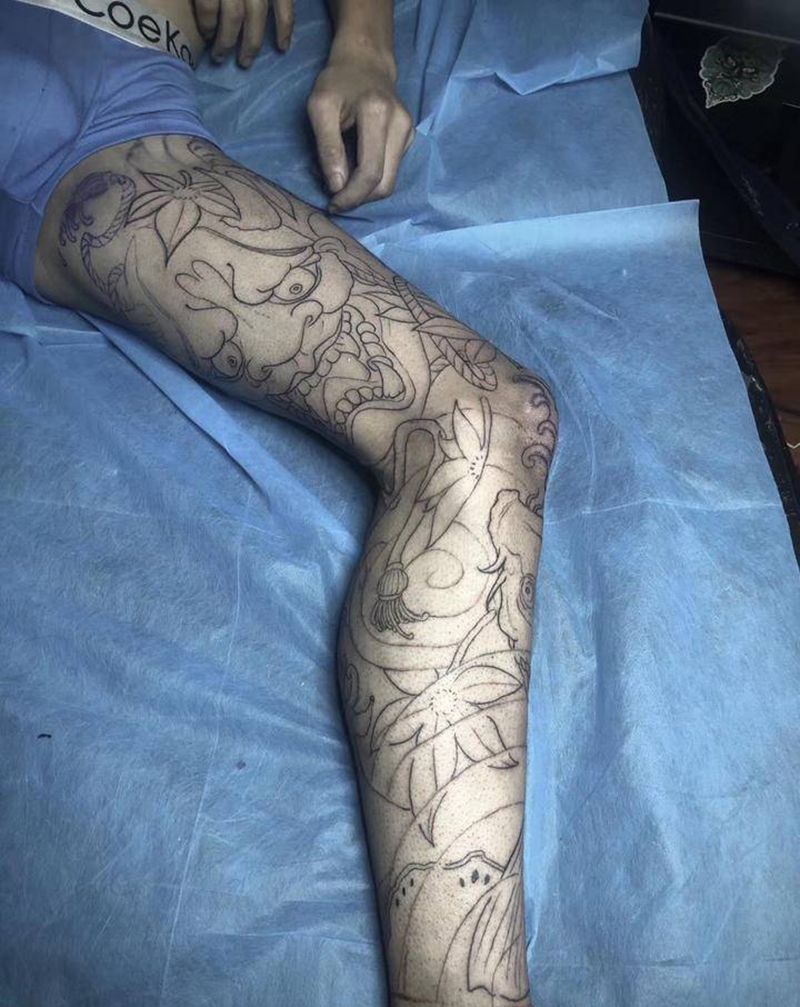 花腿线条 未完成纹身图片_腿部脚部老传统新传统象神鱼纹身图案