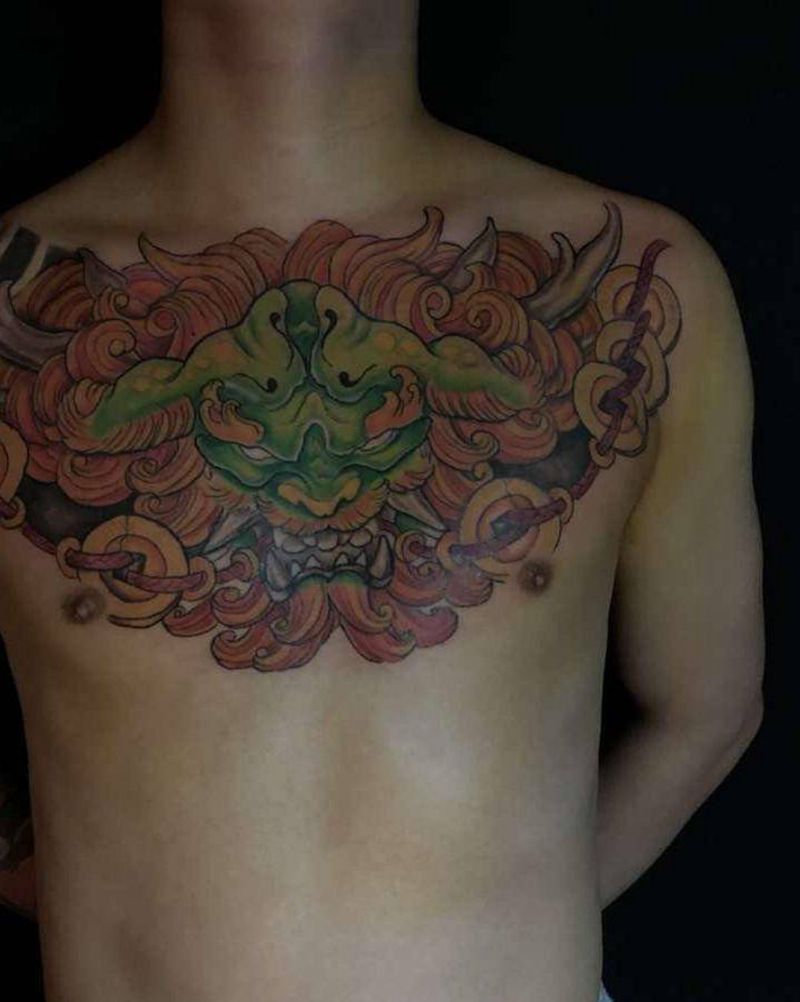 唐狮花胸纹身图片_胸部腹部老传统新传统纹身图案