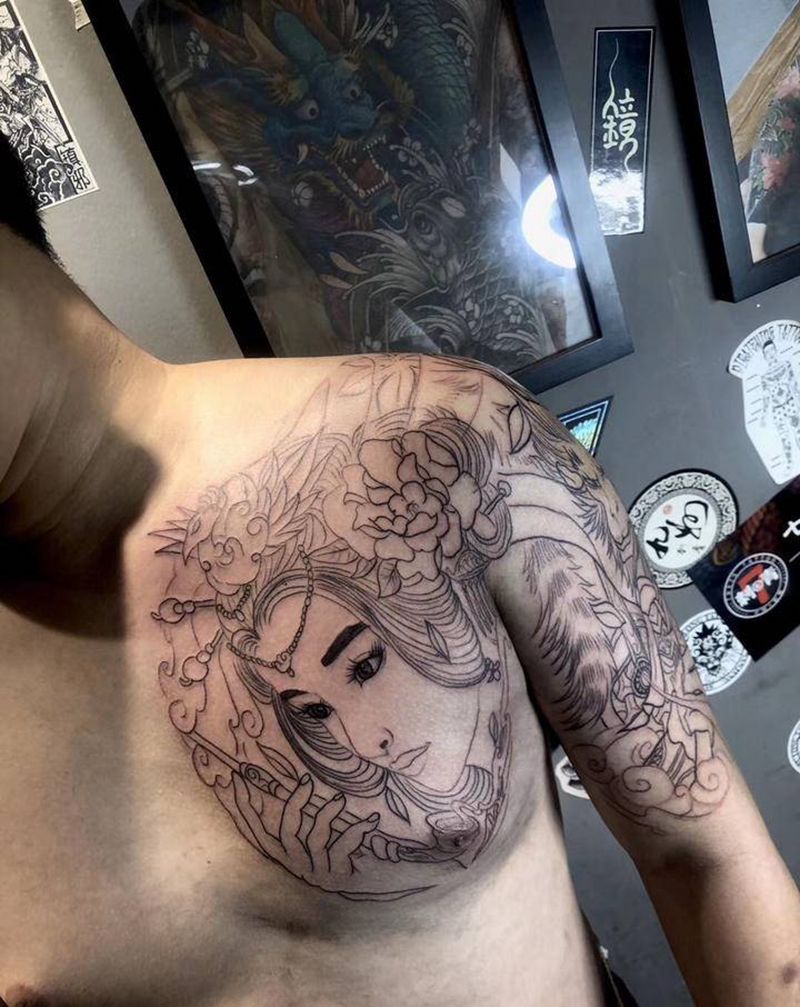新传统半胛 未完成纹身图片_胸部手臂老传统新传统艺伎悟空纹身图案
