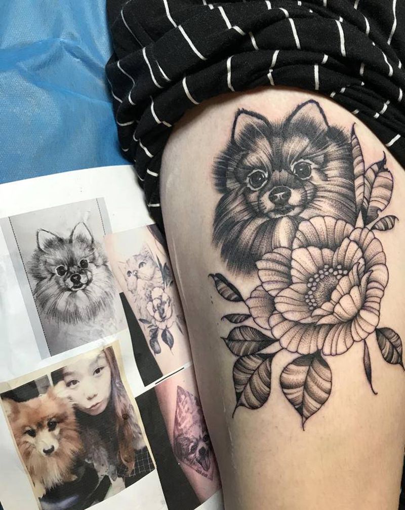 宠物狗纹身纹身图片_腿部点刺几何纹身图案