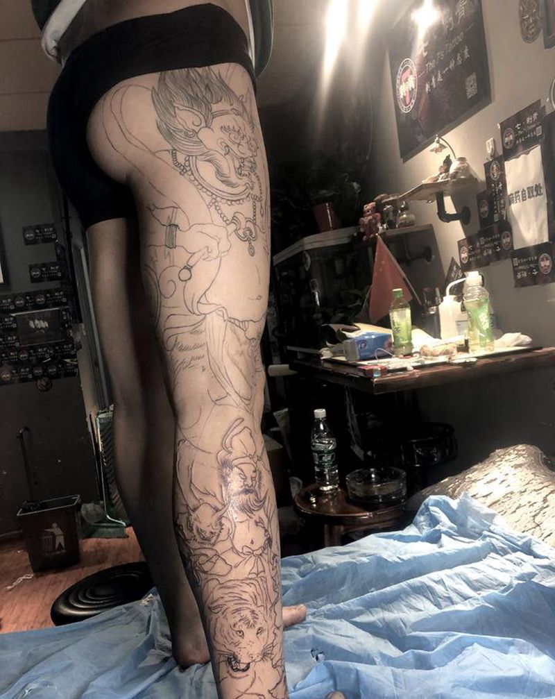 风神 雷神花腿线条纹身图片_腿部脚部老传统新传统纹身图案